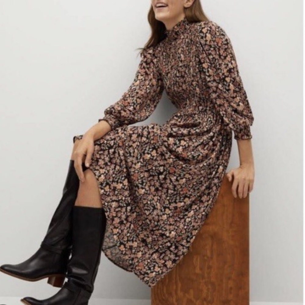 Mango Floral Midi Dress - Black and Pink